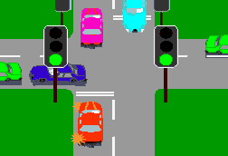 You wish to turn left at this intersection and the traffic lights are green. What should you do?