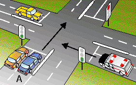 You are approaching a green light in vehicle A.  An ambulance sounding its siren is approaching the same intersection and has a red light. 