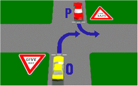 In this roundabout with two lanes, can the marked car turn right?