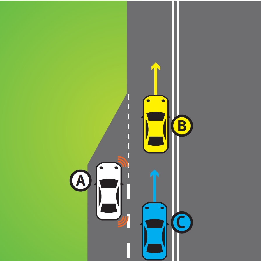 You are driving vehicle A. Your lane ends and you need to merge lanes (there are lane markings) -