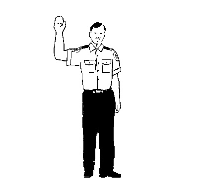 You are approaching an intersection with traffic lights. A Police Officer controlling traffic has one arm raised as shown. Do you -