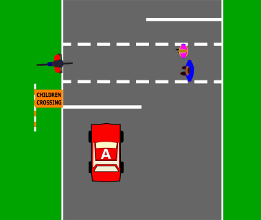 You are driving Car A.  You are stopped at a children's crossing displaying an orange flag.  You can drive on when