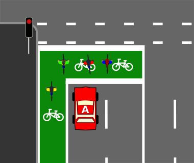 You are stopped at a red traffic light. There is a cyclist in the bicycle storage area in front of you. When the light turns green, you should: