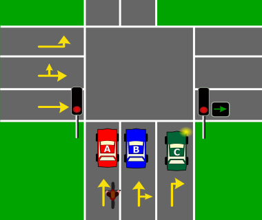 You are riding the motorcycle. Car A is too close to centre line blocking the opportunity to lane filter. You should -