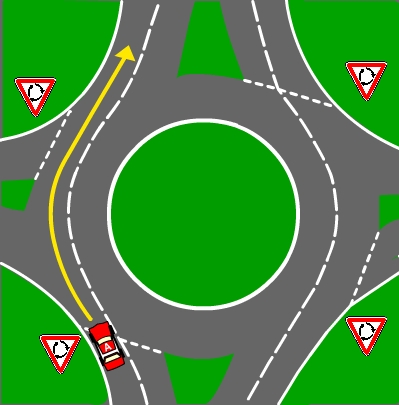 You are driving a motor vehicle towards a marked multi-laned roundabout. You want to travel straight on through the roundabout to the road opposite.  What lane must you take?